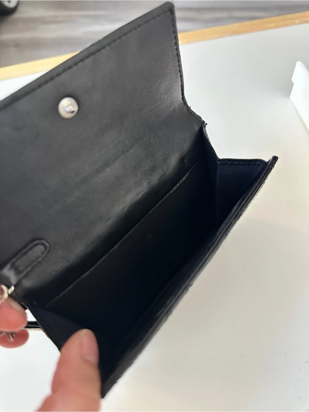 Dior Black Patent Quilted Card Case with Silver Charm